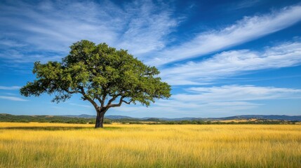 A lone tree stands tall in a field of golden grass under a blue sky with white clouds.