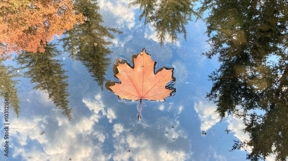 Poster a single brown maple leaf floats on the surface of a pond with a reflection of the blue sky and clou