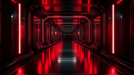 A dark, metallic corridor with bright red glowing edges, a smooth reflective floor mirroring geometric patterns from the ceiling, creating a deep futuristic mood