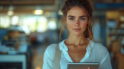 Young woman holding tablet, looking at camera.