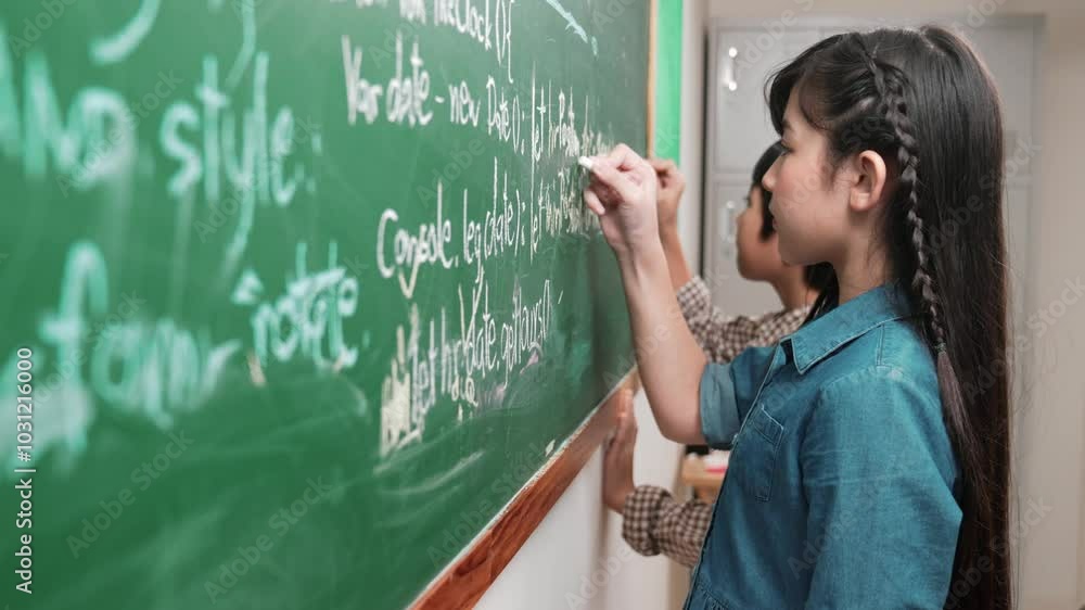 Poster skilled asian girl writing engineering prompt and programing system while standing blackboard with g