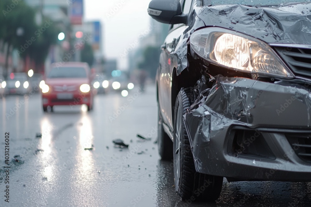 Aufkleber crashed car in an accident. background with selective focus and copy space