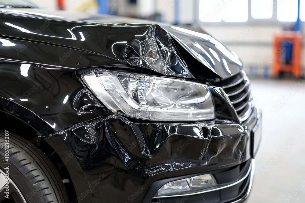 Aufkleber crashed car in an accident. background with selective focus and copy space