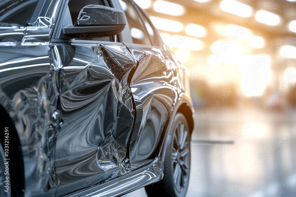 Aufkleber crashed car in an accident. background with selective focus and copy space