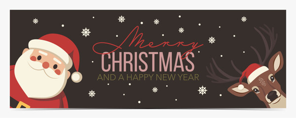 Merry Christmas cute banner, cover, poster, greeting card, label, flyer with Santa Claus and red-nosed reindeer Rudolph on black background, vector illustration