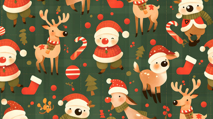 Fototapeta premium Playful Holiday Pattern with Santa and Reindeer for wallpaper and background