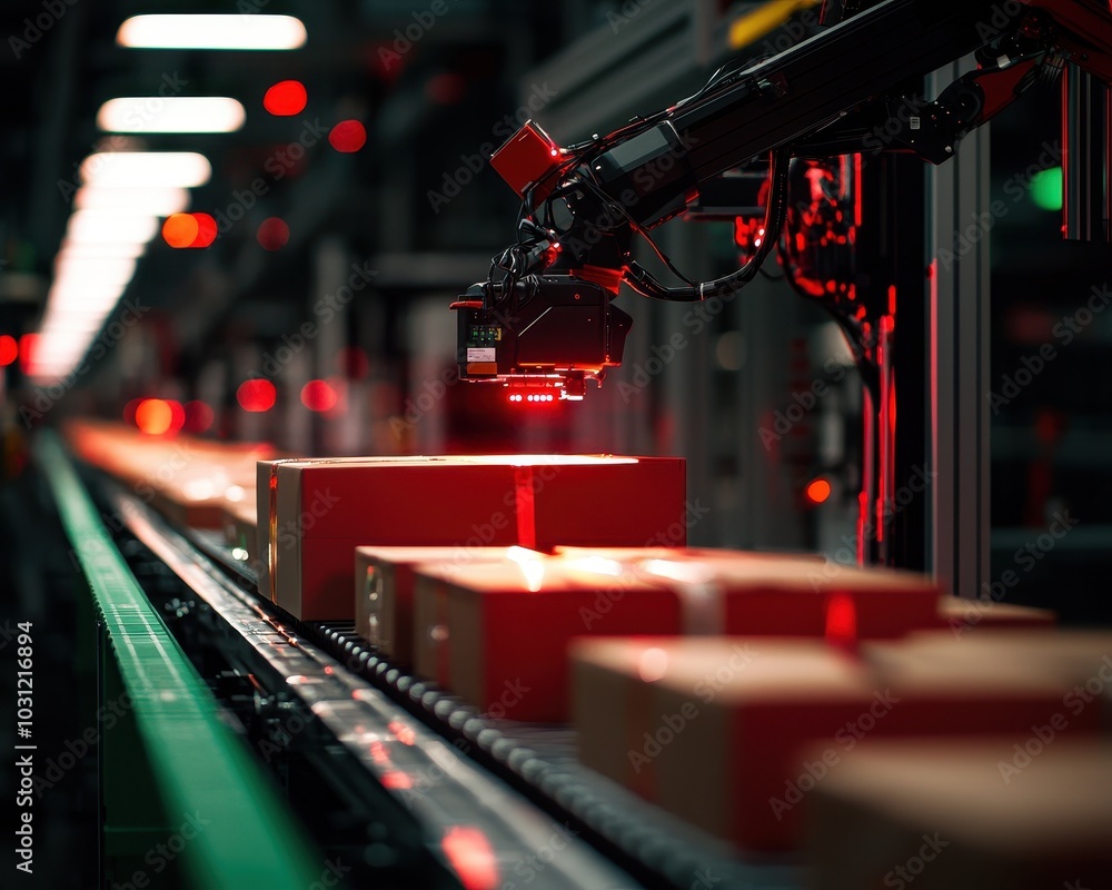 Poster an automated robotic system sorts packages on a conveyor belt, illuminated by red lighting in a ware