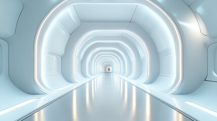 Obraz premium A futuristic white corridor with a sleek design, glowing neon lights along the edges, and reflective floors. The octagonal wall patterns give a sense of depth