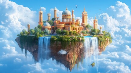 Obraz premium A fantastical floating city with golden domes, lush vegetation, and cascading waterfalls suspended in a blue sky.