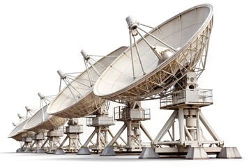 Large satellite dishes isolated on white background with reflection