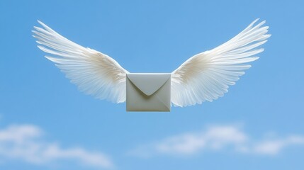 Envelope with angel wings flying in blue sky, symbolic message delivery