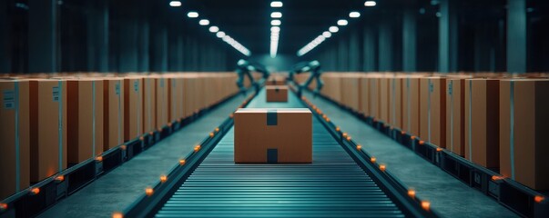 A dimly lit warehouse with conveyor belts transporting boxes, showcasing an efficient logistics system in action.