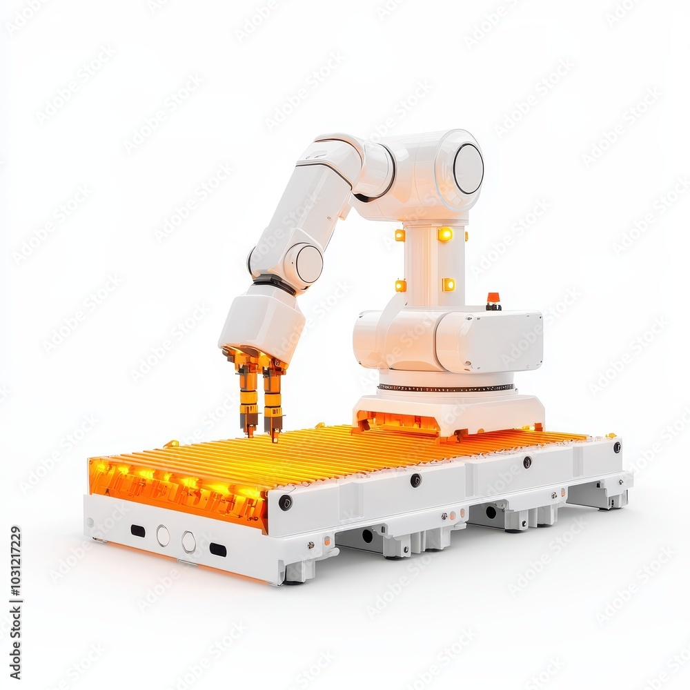 Poster a robotic arm with a gripper is positioned above a platform, showcasing automation and technology in