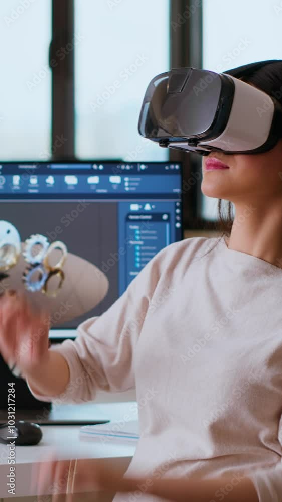 Poster vertical video asian woman engineer creating prototypes with vr glasses and 3d modeling software, wo