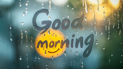Raindrops on glass window with good morning text, greeting card concept