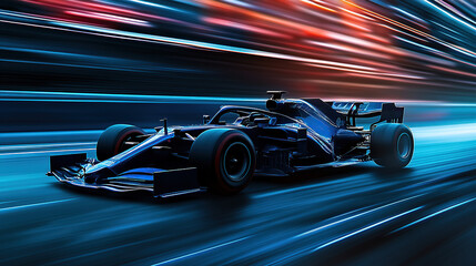 A blue Formula One car in motion on the track, with a motion blur background