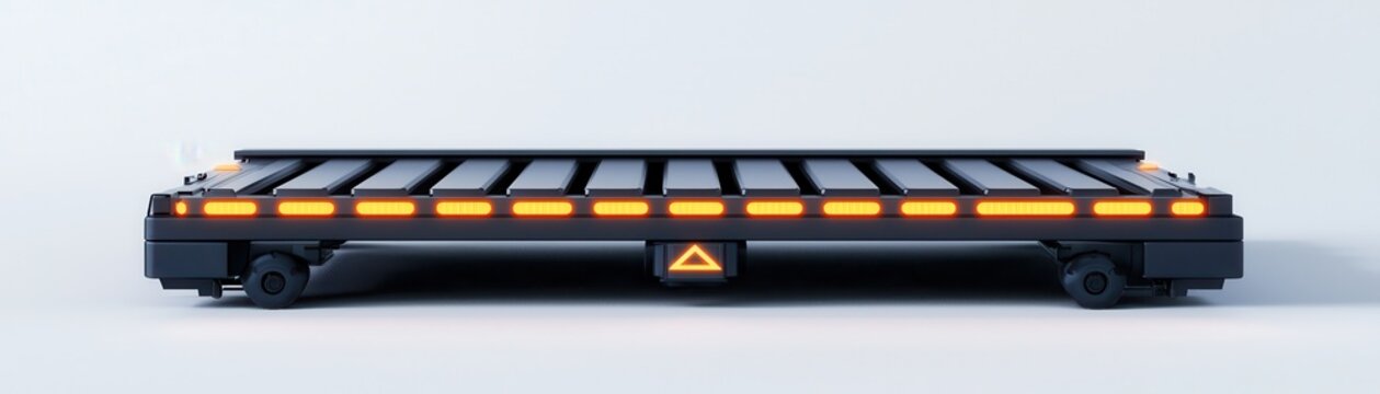 A sleek, modern platform with parallel bars, designed for transportation, featuring wheels and safety indicators for efficient movement.