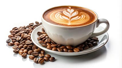 Latte art cappuccino cup with coffee beans on white background