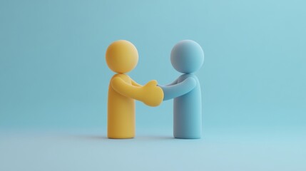 Two colorful figures shaking hands on a blue background, symbol of partnership and cooperation concept