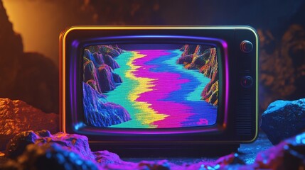 Retro television displaying colorful pixel art river scene, creative digital art concept