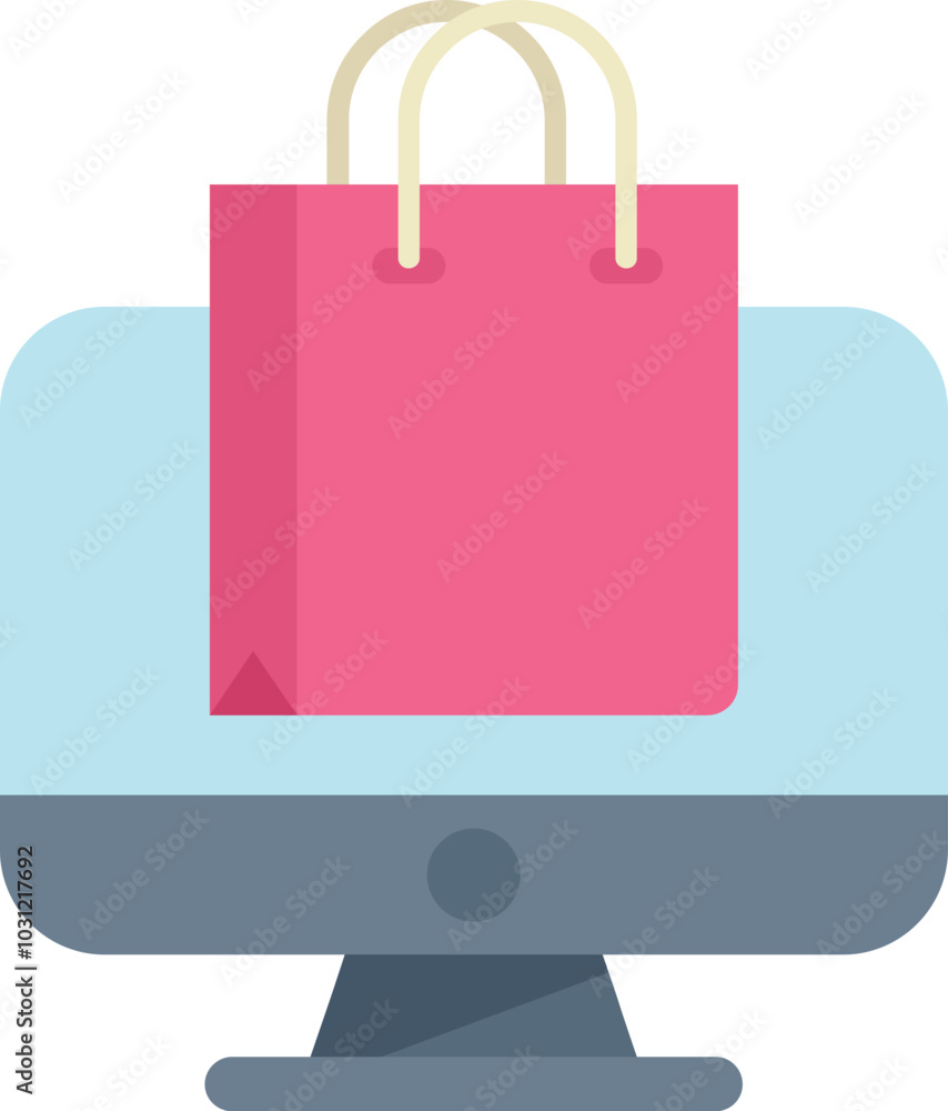 Poster shopping bag appearing from a computer screen representing online shopping