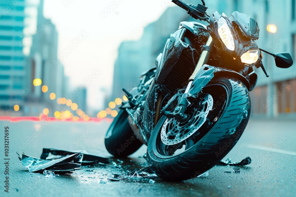 Poster Road accident or motorcycle crash. Selective focus background and copy space