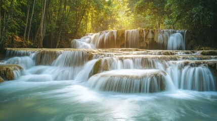 Obraz premium Serene waterfall cascading over smooth rocks in a lush, tropical rainforest.