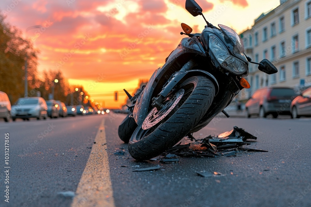 Poster Road accident or motorcycle crash. Selective focus background and copy space