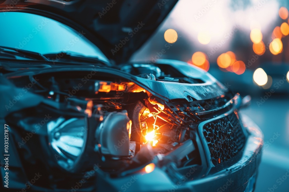 Aufkleber crashed car in an accident. background with selective focus and copy space