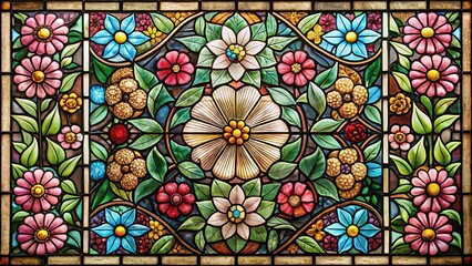 Leaded glass window with floral motif and leading lines