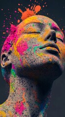 Naklejka premium Colorful powder on stone face sculpture with paint splashes, artistic expression concept