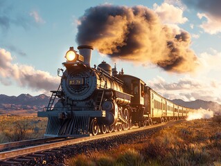 Fototapeta premium Steam locomotive speeding across the Transcontinental Railroad, vibrant colors of the landscape in motion, billowing smoke trailing behind