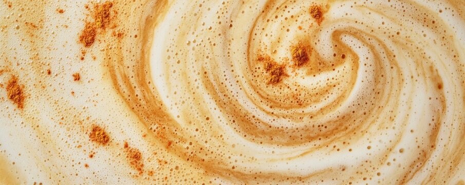 Aerial view of frothy creamy latte art with cinnamon swirl pattern, close-up. Coffee art and beverage concept