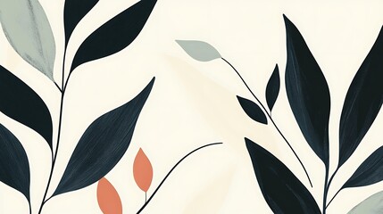 Abstract Floral Pattern with Dark Green Leaves and Peach Buds