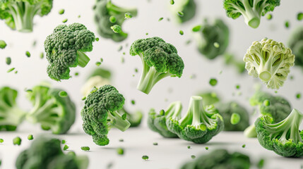 Various falling fresh ripe broccoli on light white background, horizontal composition