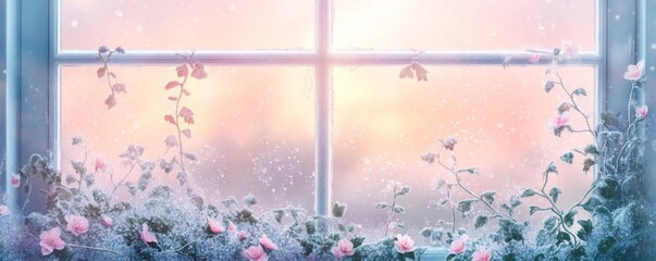 Frosted window with blooming flowers, winter sunrise view. Serene nature and tranquility concept