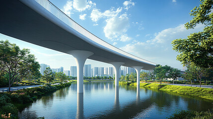 A modern bridge with white pillars and a green landscape along the river