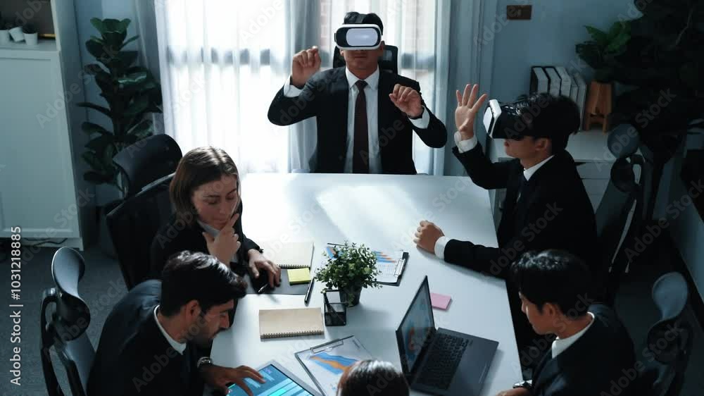 Aufkleber top view of manager working on laptop and sending data analysis to business people by using vr glass
