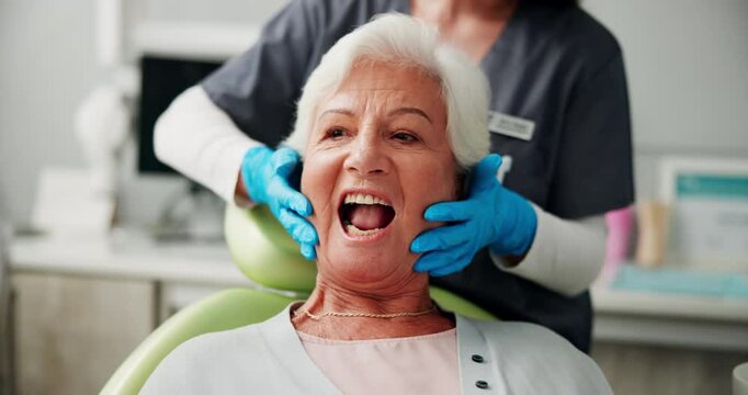 Check, mirror and senior patient at dentist for cleaning, oral hygiene and dentures. Smile, dental prosthetic and healthcare advice with people at clinic for orthodontist, treatment and teeth implant
