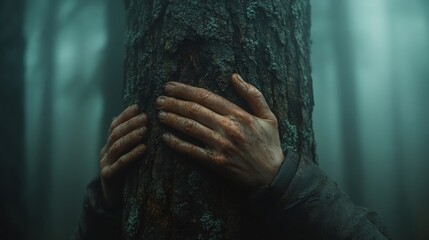 Hands embrace tree trunk in misty forest, survival concept
