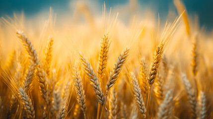 Fototapeta premium Wheat field with the sun. Golden wheat ears close-up. A fresh crop of rye