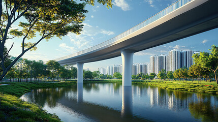 A modern bridge with white pillars and a green landscape along the river