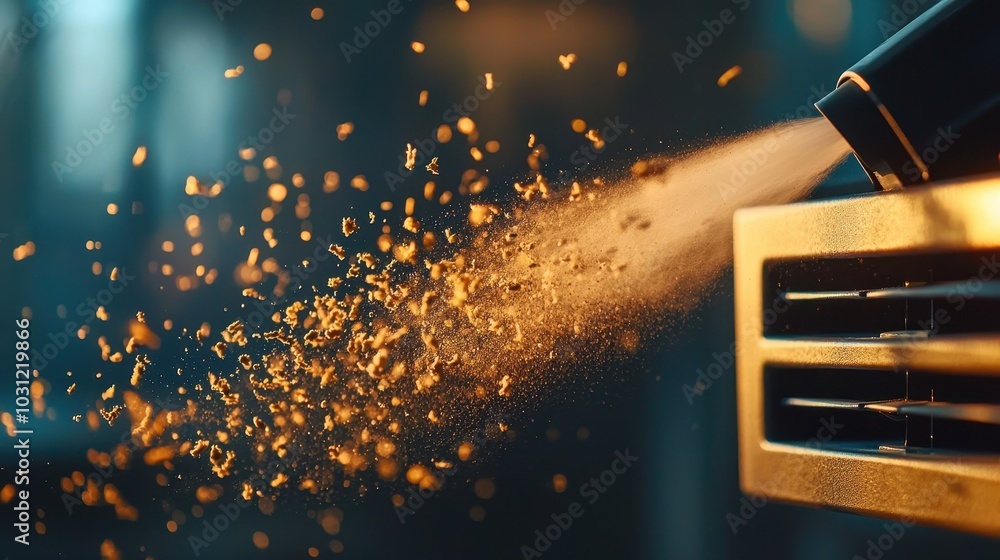 Aufkleber a close-up of a spray nozzle releasing a fine mist of particles, capturing the dynamic movement and 