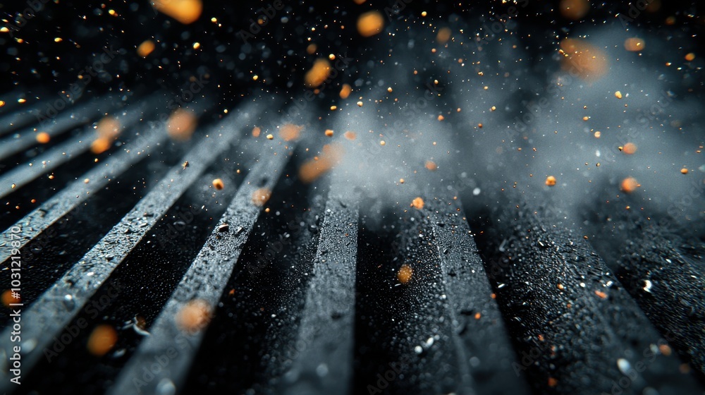 Poster a dynamic scene of particles and smoke emerging from textured surfaces, showcasing a captivating int