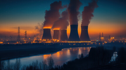Night shot of a large nuclear power plant close to a river with blue night sky.
