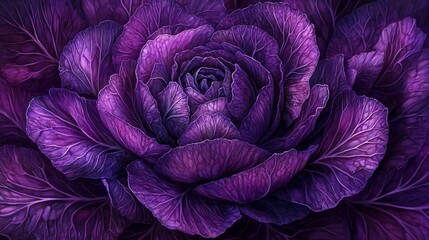 Obraz premium Purple cabbage close-up with intricate leaf details, botanical concept