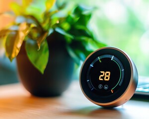A smart thermostat displays a temperature of 28&deg;C near a vibrant indoor plant, symbolizing modern home automation and eco-friendliness.
