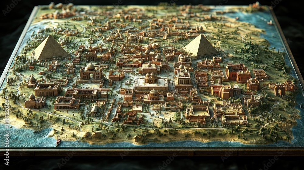 Poster detailed model of an ancient city with pyramids and structures.