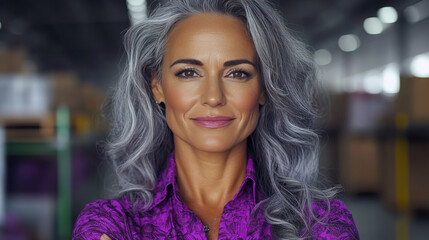 Confident woman with silver hair smiling in a warehouse.