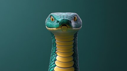 Obraz premium Close-up of a green snake's head with yellow eyes, looking directly at the camera, isolated on a green background.
